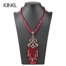 Роскошное винтажное длинное ожерелье с кисточкой для женщин, античное золото, турецкий красный свитер с кристаллами, индийская бижутерия
