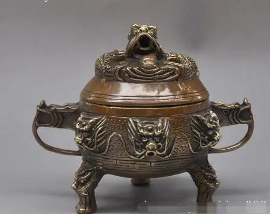 

S02237 5.3" chinese fengshui bronze copper 9 dragon statue lucky incense burner Censer B0403