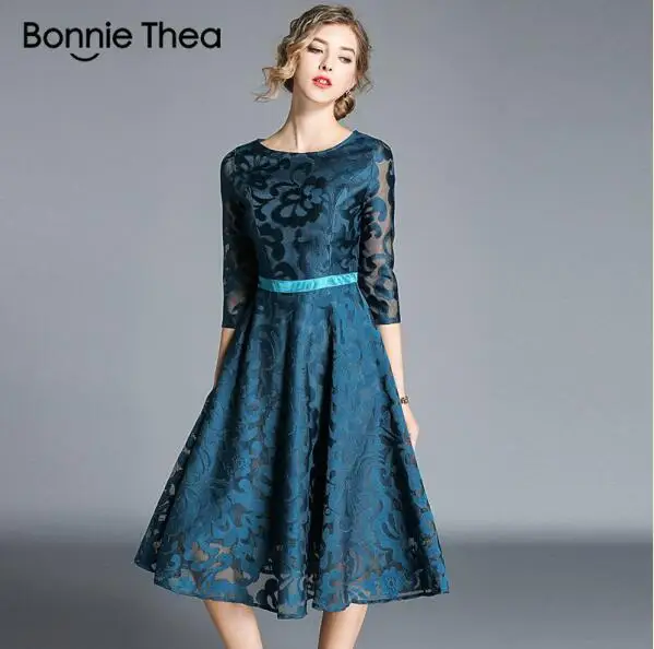 Bonnie Thea женское синее кружевное элегантное платье с вышивкой женское весеннее Платье женское длинное платье в стиле ретро - Цвет: Синий