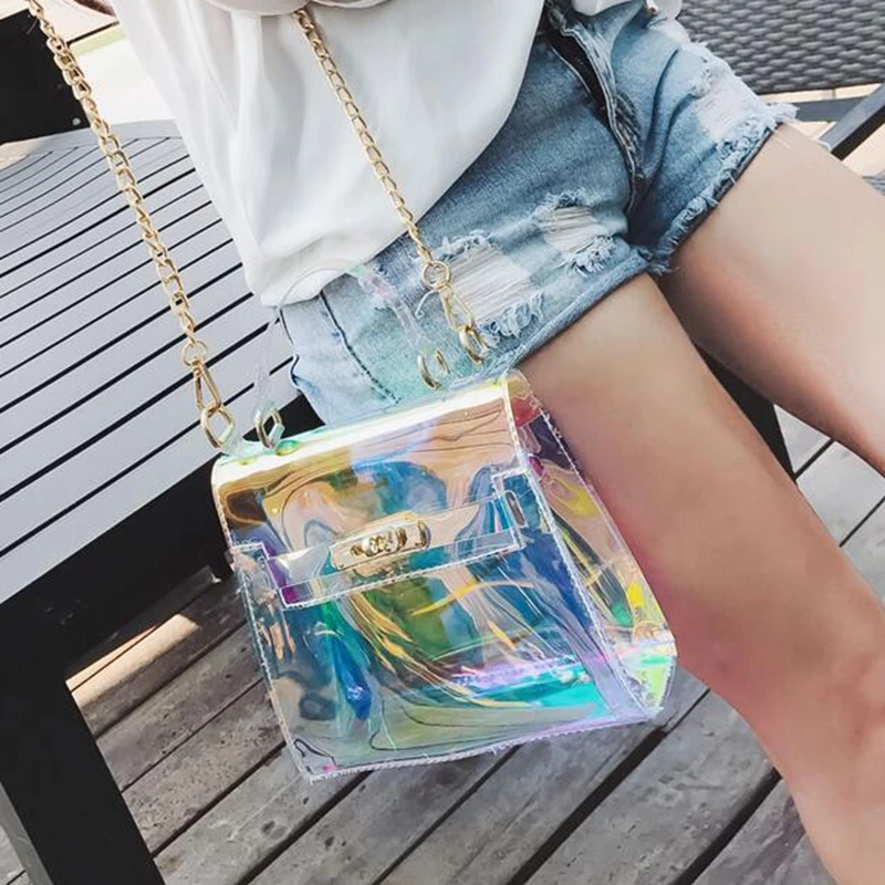 Women Plastic Messenger Handbag Transparent Laser Handbag Clutch Shoulder Crossbody Bag Chain Bag Clear Bag Evening Purse PP-877