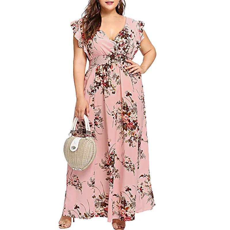 

Women Plus Size Summer V Neck Floral Print Boho Sleeveless Party Dress Largos De Verano Casual Robe Grande Taille Femm A28#