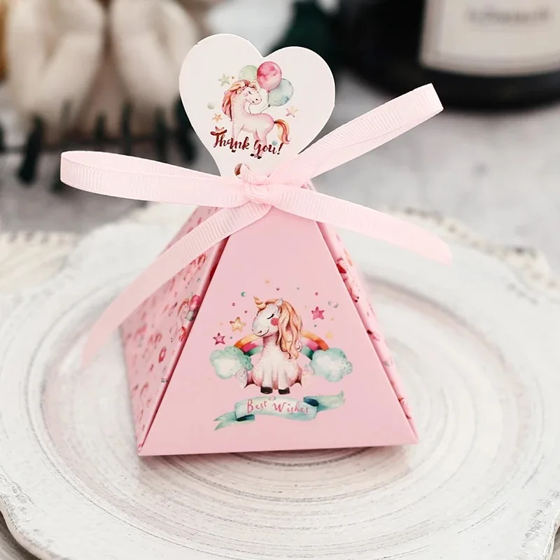 100 шт розовая треугольная пирамида прекрасный единорог коробка для конфет с тепловой формой спасибо бирки Свадьба для вечеринки по случаю Дня рождения Подарочная коробка