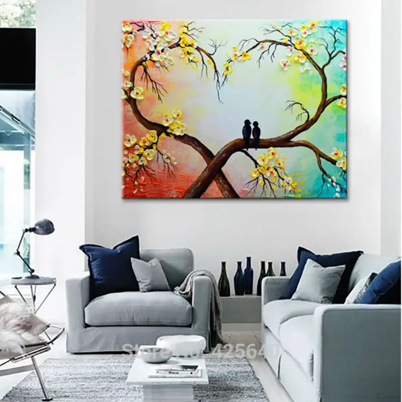 3D palette knife texture flower Hand Painted Canvas Oil Painting Wall Pictures For Living Room palette knife happy birds art