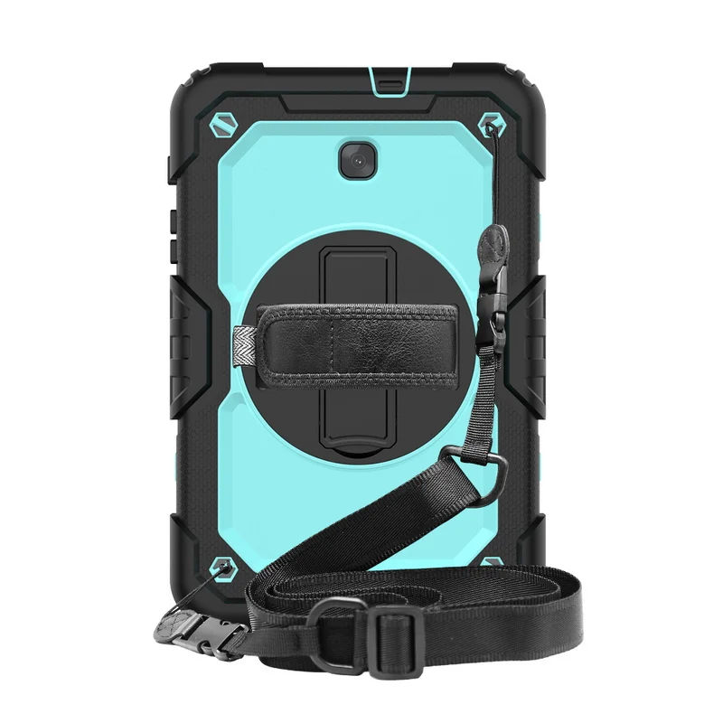 Black-Light blue 360 чехол, вращающийся на 360 градусов для Samsung Galaxy Tab A 8,0 T387 детский Ударопрочный силиконовый Твердый кожух+ ремешок на шею и ремешок на руку - Цвет: Black-Light blue