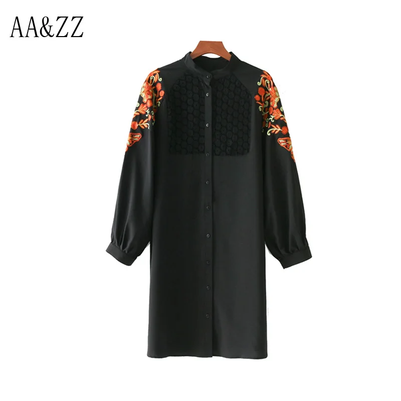 AA&ampZZ 2017 Women Floral Embroidery Lace Patchwork Blouse Stand Collar Full Sleeve Shirts Blusas Female Tops Clothing |