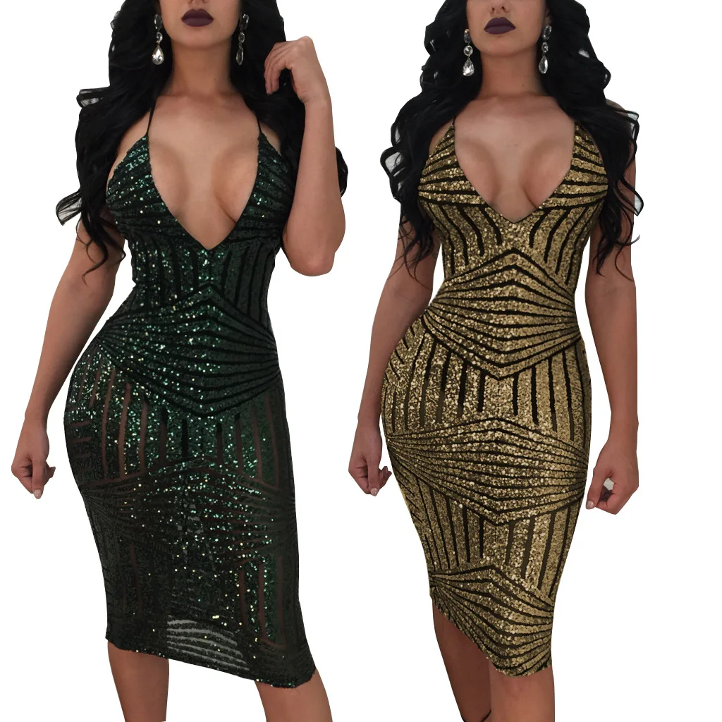 

2018 Autumn Women Spaghetti Strap V Neck Backless striped Sequin Dress Sexy Gold Green Night Club Party Bodycon Bandage Dress