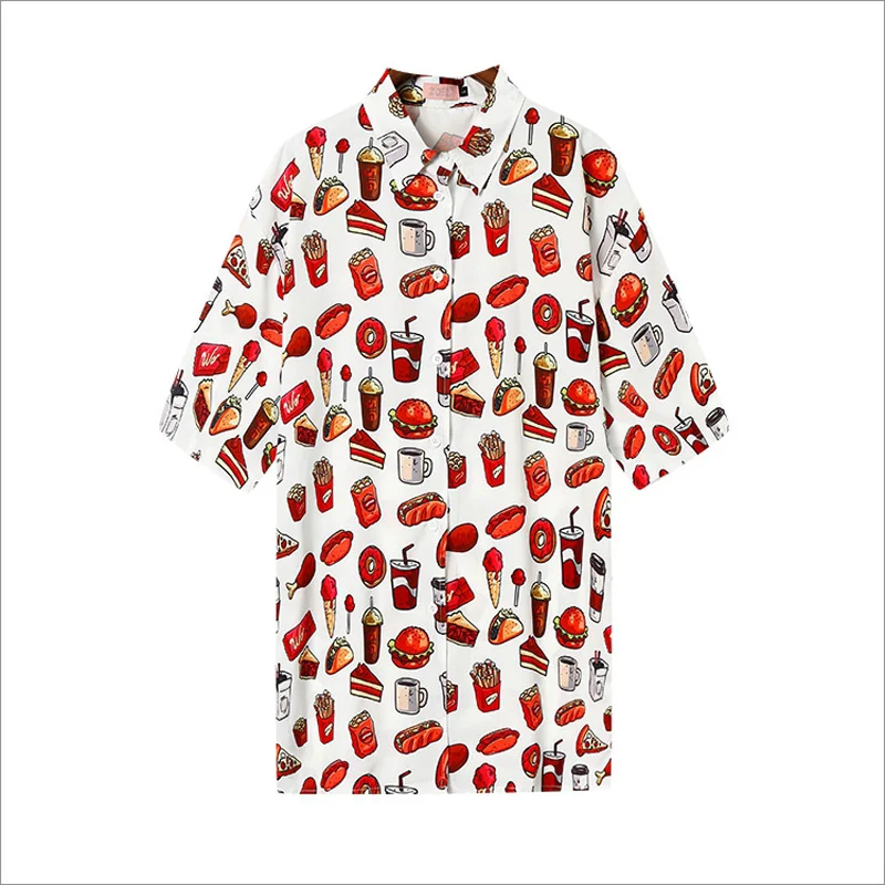 

2019 New Summer Shirts Women Casual Hot Dog Burger Print Shirts Loose Short Sleeve Shirts Cotton Harajuku Cute Cartoon Shirts
