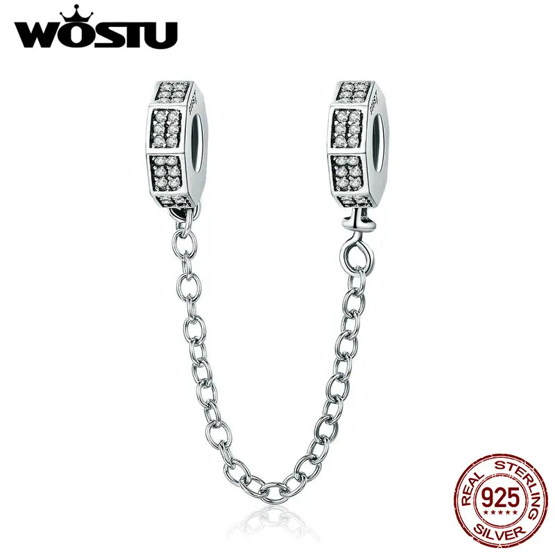 

WOSTU Hot Sale 925 Sterling Silver Square Shape Silicone Safety Chain Charm fit Bead Bracelet Fashion DIY Jewelry Gift CQC605