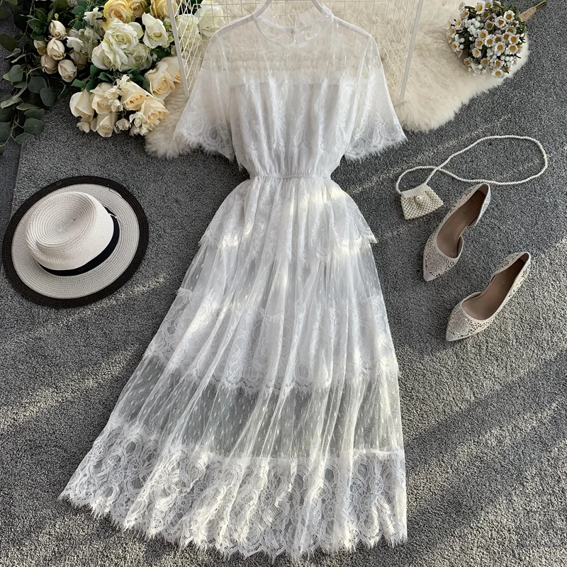 

2019 new fashion women's dresses Mid-length dress lace dot mesh