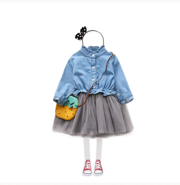 2018 Spring Autumn Children'S Clothing American Style Crew Neck Long Sleeve Baby Kids Princess Girl Denim Lace Patchwork Dress (8)