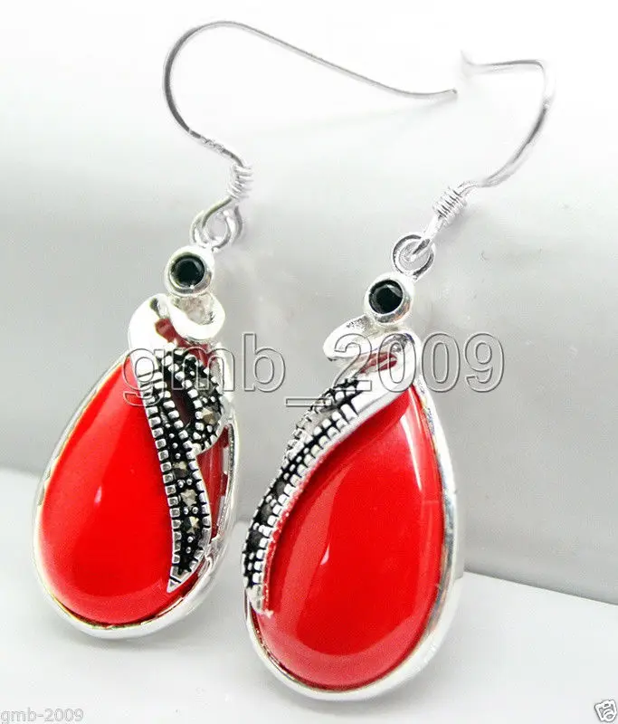 

FREE SHIPPING Latest Fashion 15*26mm Red Coral 925 Sterling Silver Marcasite Earrings