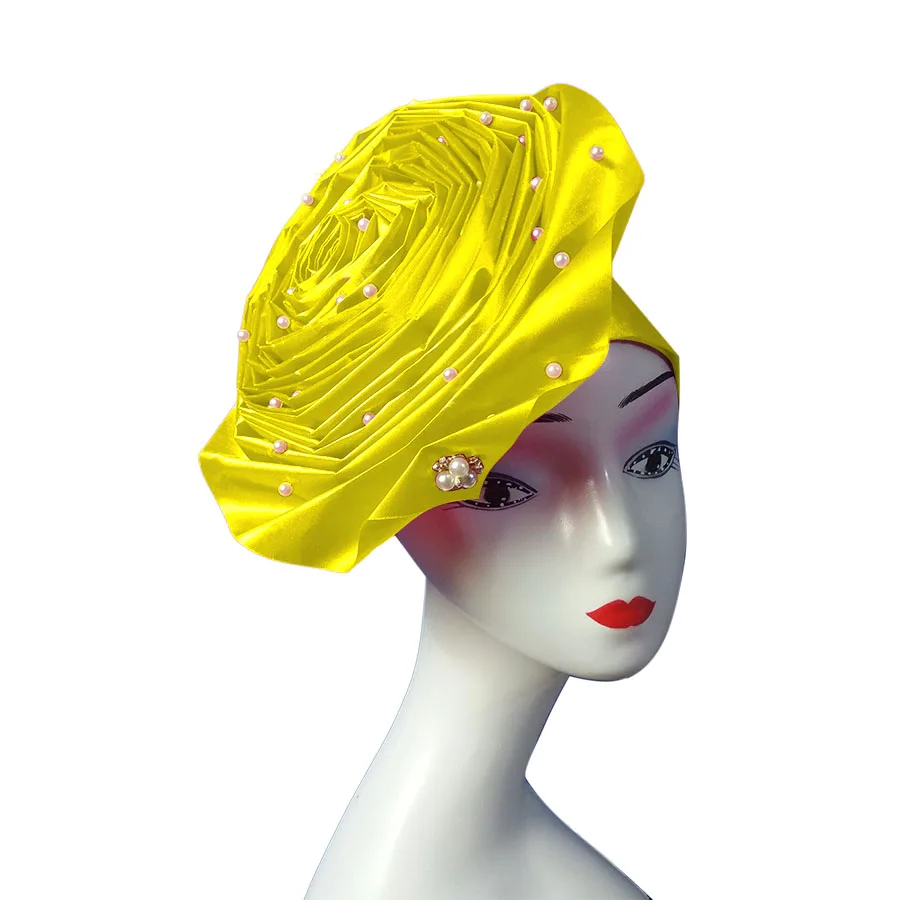 Нигерийская Кружевная повязка на голову ASO OKE повязка на голову с бисером Африканский Авто геле тюрбан Африка голова галстук камень головной убор - Цвет: yellow