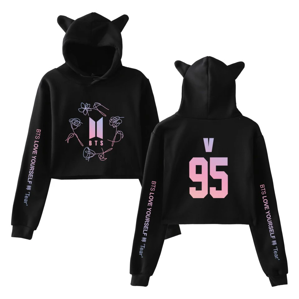 

LUCKYFRIDAYF Funny Crop Top Kpop Hoodies Sweatshirt Women Bangtan Boys JIMIN Love Yourself Tear Hoodies SUGA Print Crop Tops