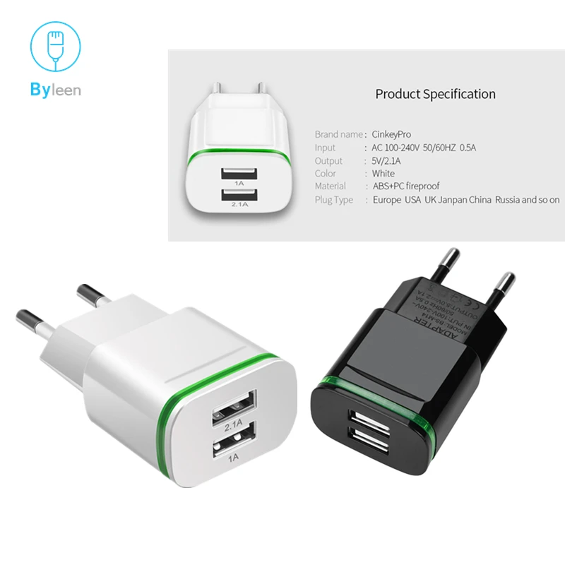 

Byleen 5V 2.1a/1a 2 Ports USB Green LED Light EU Plug Fast Charging Charger Adapter For Samsung Galaxy S7/S8/S9 A3/A5/A7/A9 2018
