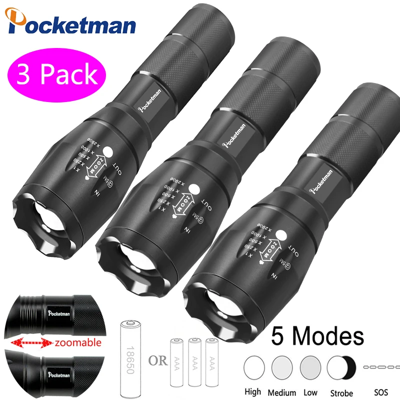 

3 PCS Brightest Tactical Flashlight 8000LM XML-L2 LED Flashlight High Powered, Zoomable Torch For Emergency Camping Hiking