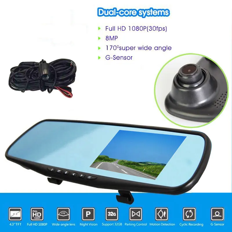 

Dual Lens Car DVR Dash Camera Recorder 1080P LCD Screen In-Car Rearview Mirror 4.3" Monitor 170 Degree Wide View High Quality