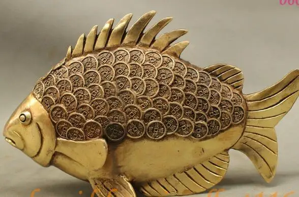 S1538 FengShui Chinese Folk Bronze Auspicious Wealth Money Coin Fish Copper Statue | Дом и сад