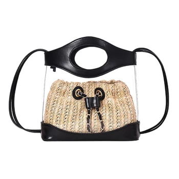

Women Transparent Bag Summer PU+Straw Woven Bag Fashion Handheld Oblique Span Bag Handbag Messenger Bag Black