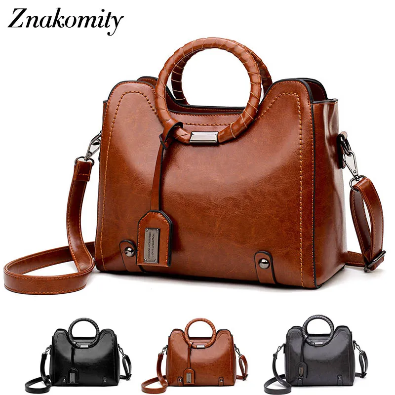 Znakomity Brown leather ladies handbag women&#39;s shoulder bag Gray retro round handle tote bag ...