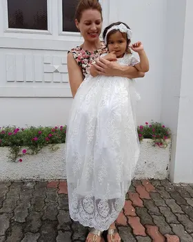 

New White Infant Christening Dress Baptism Gown for Baby Girls Lace Floor Length Girls Birthday Dress Communion with Headpiece
