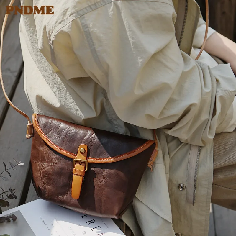 

PNDME simple genuine leather diagonal bag original retro handmade cowhide leather small shoulder bag women's dumplings package