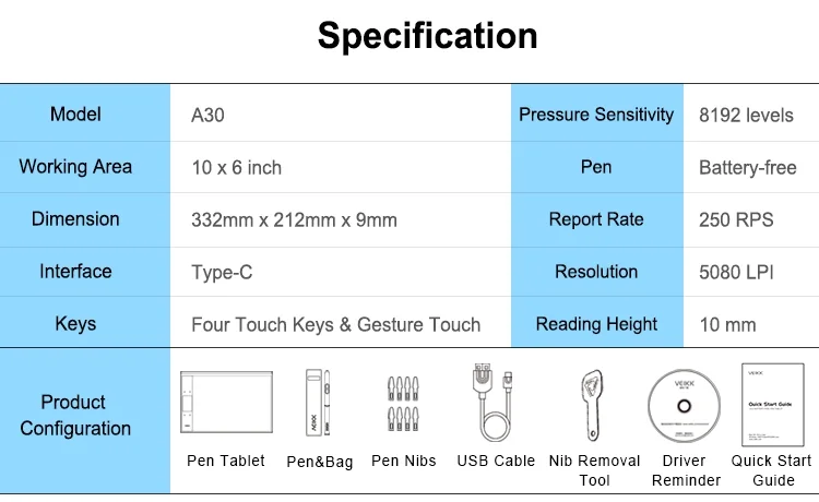 Ручка планшет VEIKK A30 цифровой планшет для рисования с 8192 уровнями пассивного аккумулятора ручка совместима с Windows и Mac