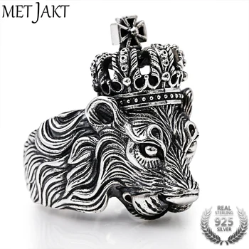 

MetJakt Punk Rock 925 Sterling Silver Crown Lion King Ring for Ride A Motorcycle Cool Men Rings Vintage Thai Silver Jewelry