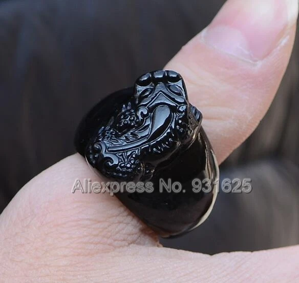 

Beautiful Natural Black Obsidian Carved PiXiu Lucky Thumb Ring Fashion Man's Rings Jewelry 20 23mm inner diameter