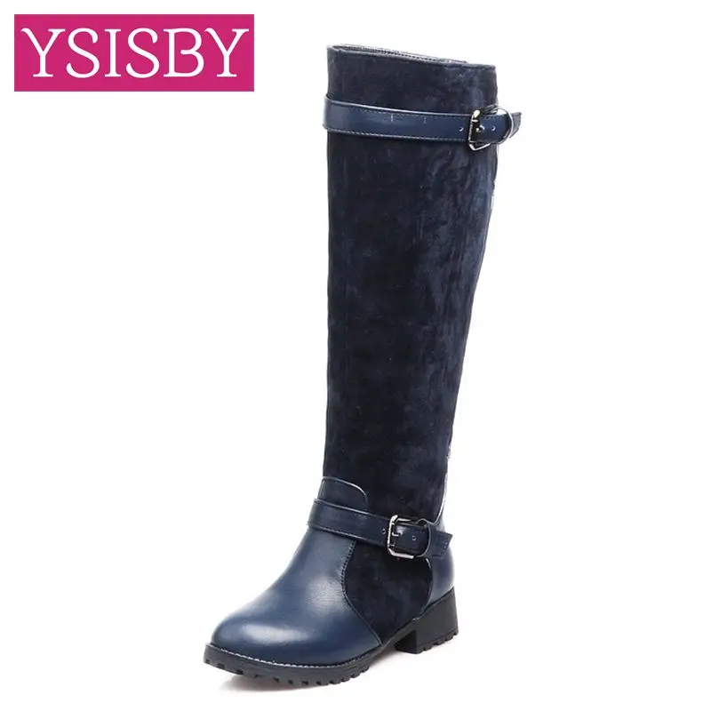 

Faux Suede Women Riding Knee High Boots Fashion Buckle Western Thick Heel Long Boots Brown Blue Black Large Size 33-43 Winter