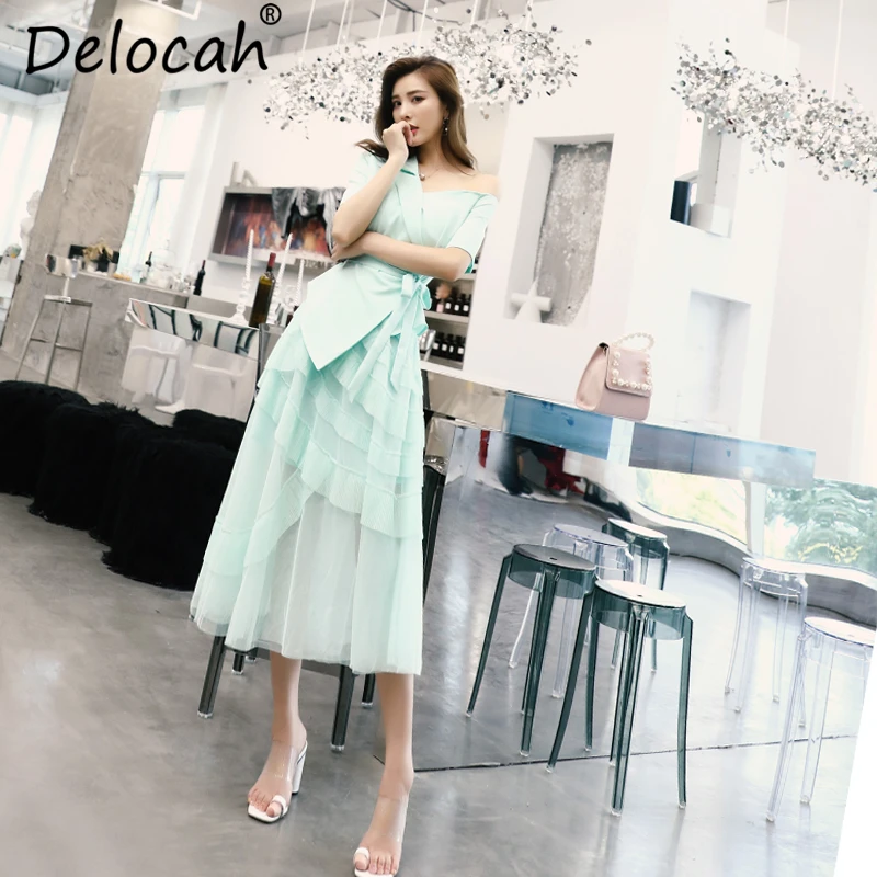 

Delocah Women Summer Vintage Suits Runway Fashion Sexy V-Neck Off shoulder Bow Tie Shirt+Elegant Pleated Mesh Skirt 2 Pieces Set