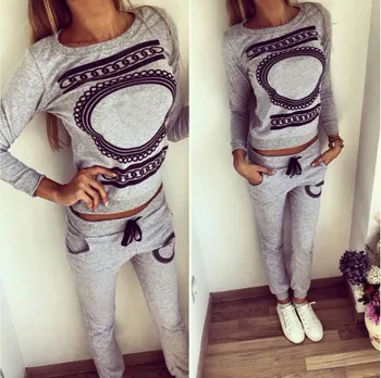 

Women Two Piece Set Tracksuits Top and Pants Print Pullover Hoodies Sets Sweatshirt Long Sleeve Gray Slim Sporting Suit Casual