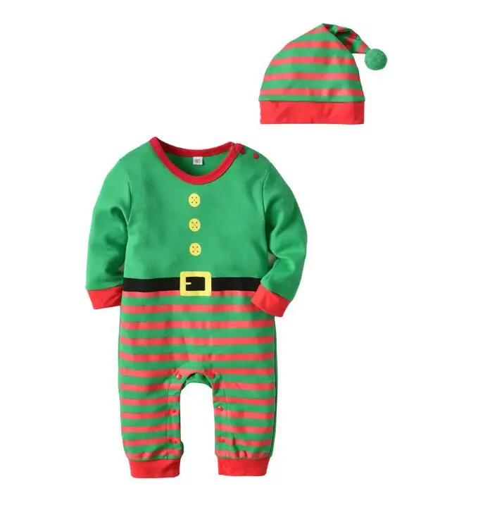 Рождественский хлопковый комбинезон для маленьких мальчиков и девочек+ шапочка, комплект из 2 предметов, комбинезон с длинными рукавами для новорожденных, новогодний комбинезон, Рождественский костюм Санты одежда для малышей - Color: Green