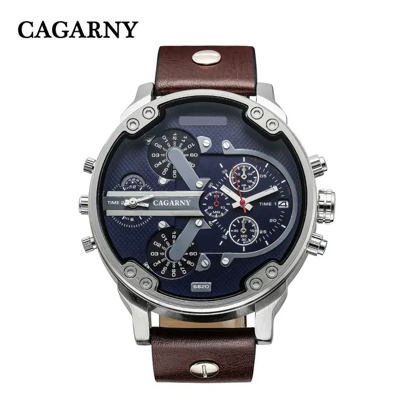 Cagarny Для Мужчин's Повседневные часы модные Наручные часы кожаный ремешок для часов Дата Dual Time Дисплей Военная Униформа часы для Для мужчин