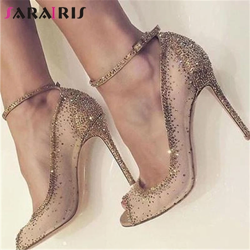 SARAIRIS New Fashion Big Size 35-43 Ankle Strap Crystal High Heels Shoes Woman Casual Wedding Party Sexy Spring Summer Pumps