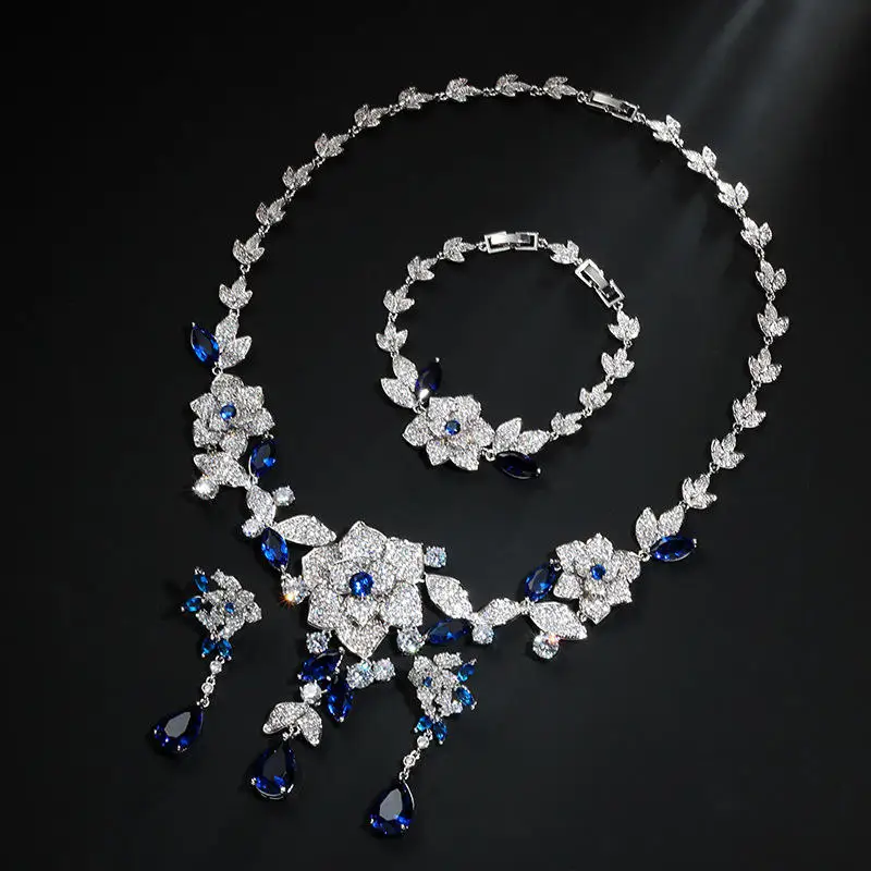 Hibrid красивый блестящий поток форма CZ камень ожерелье серьги браслет Белое Золото Цвет Свадебные Женские Ювелирные наборы N-1051