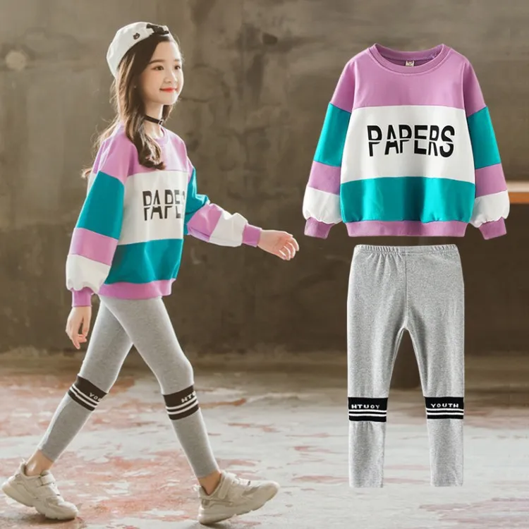 Girls' clothes letters striped coat+ pants two-piece children's girls suit spring and autumn new fashion personality clothing