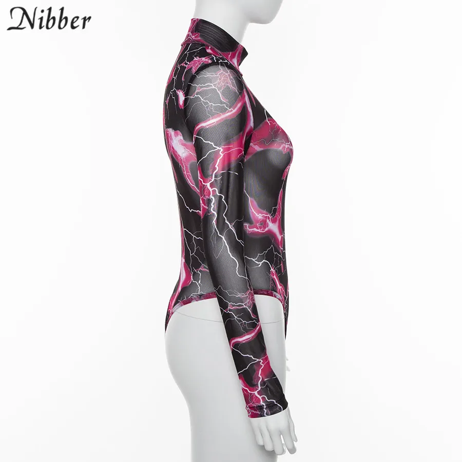 Nibber spring Mesh print Elastic Slim full sleeve bodysuits2019fashion Basic ladies High street casual wear Soft Casual bodysuit