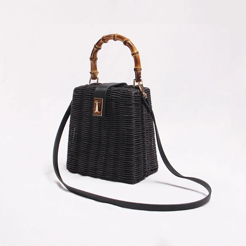 

Handwoven Bag Vintage Rattan Bag Bamboo Handle Handbag Luxury Hollow Out Ladies Shoulder Handbag Girl Summer Bag for 2019 New