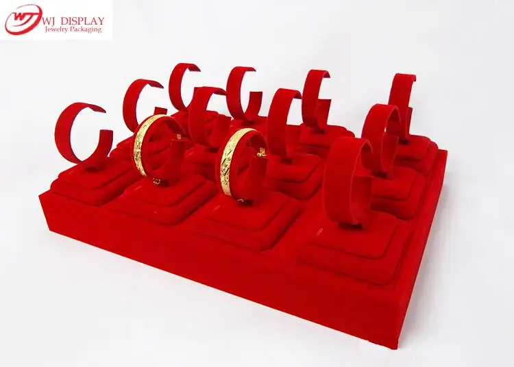 Higher Red Velvet/Wood 12 C Stand Holders Rack Jewelry Display Portable Tray For Gold Bracelet Bangle Watch Organizer Set Kiosk