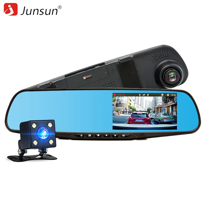 4 3 Junsun Rearview Mirror Car DVR with two font b camera b font FHD 1080P