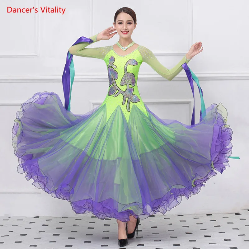 

Senior Diamond Ballroom Dance Dresses Women Stage Performance Clothes Fashion Big Swing Dress Lady Dancing Competition Costumes