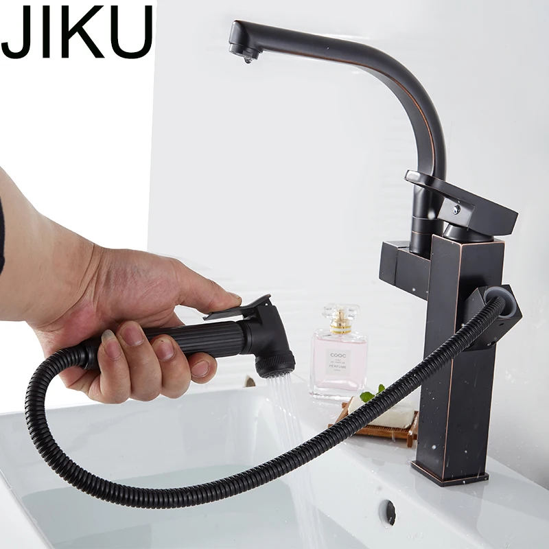 

JIKU Black Classic Basin Faucets Brass Electroplate Swivel Basin Faucet Pull Out Single Handle Hole Mixer Water Taps