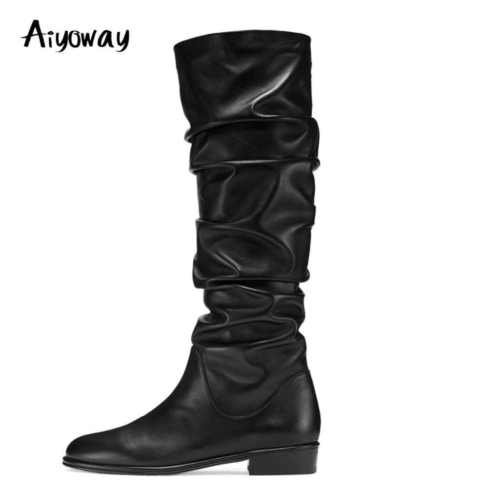 black flat slouch knee high boots