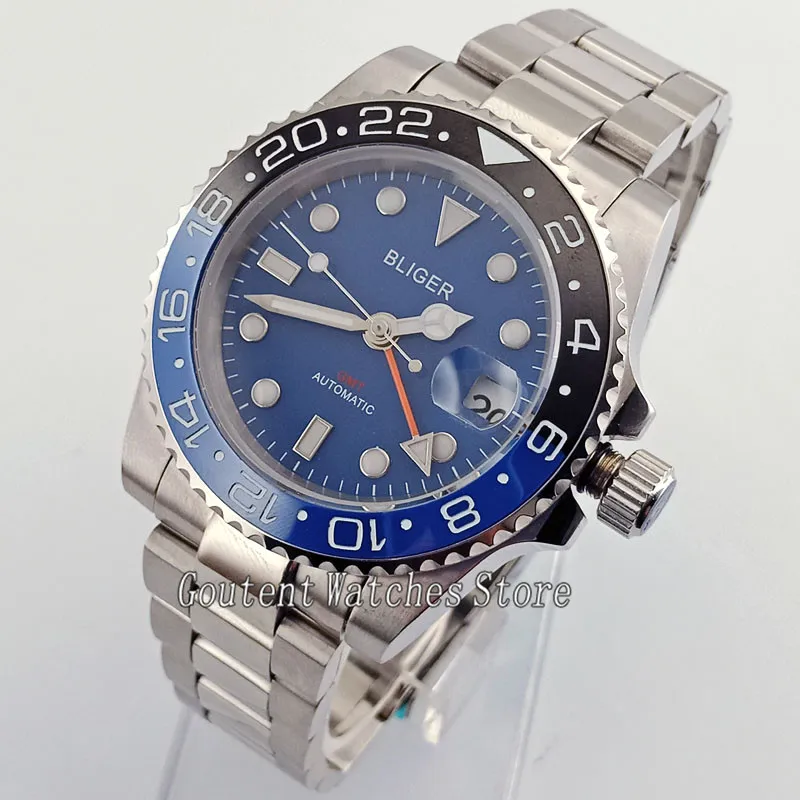 

40mm Bliger Blue Dial GMT Automatic Steel Case Men's Fashion Wristwatches 2677