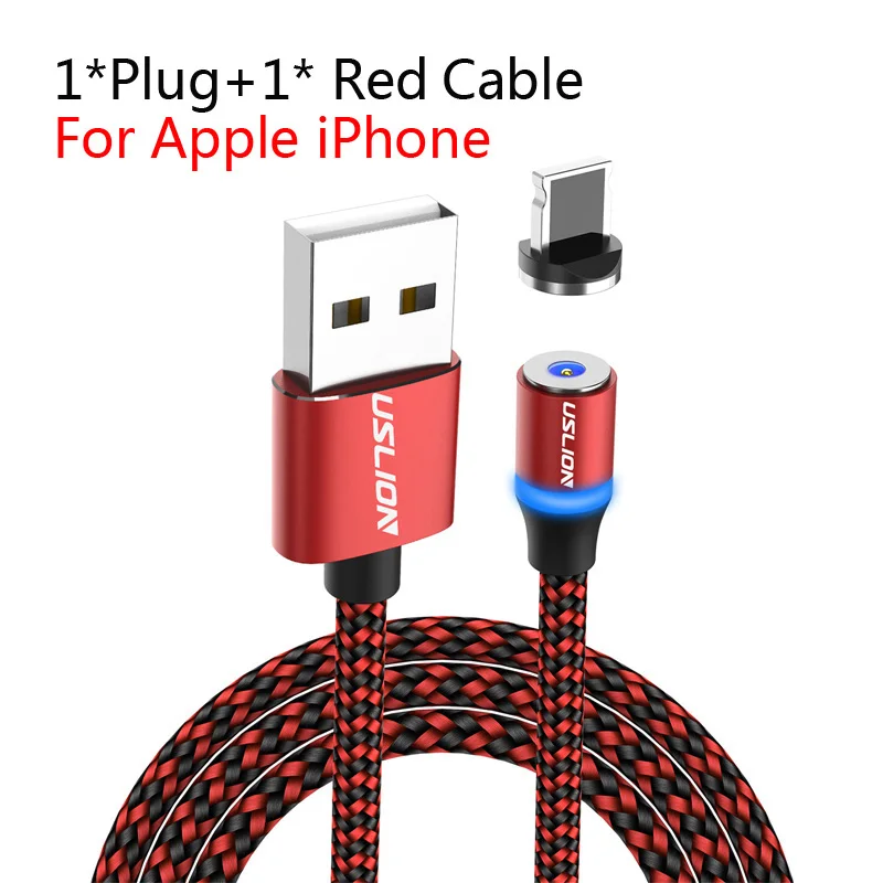 USLION 1 м 2 м светодиодный магнитный кабель USB type-C и Micro USB для iPhone Xs Max 8 7 6 для samsung Xiaomi HUAWEI зарядный кабель - Цвет: For iPhone Red