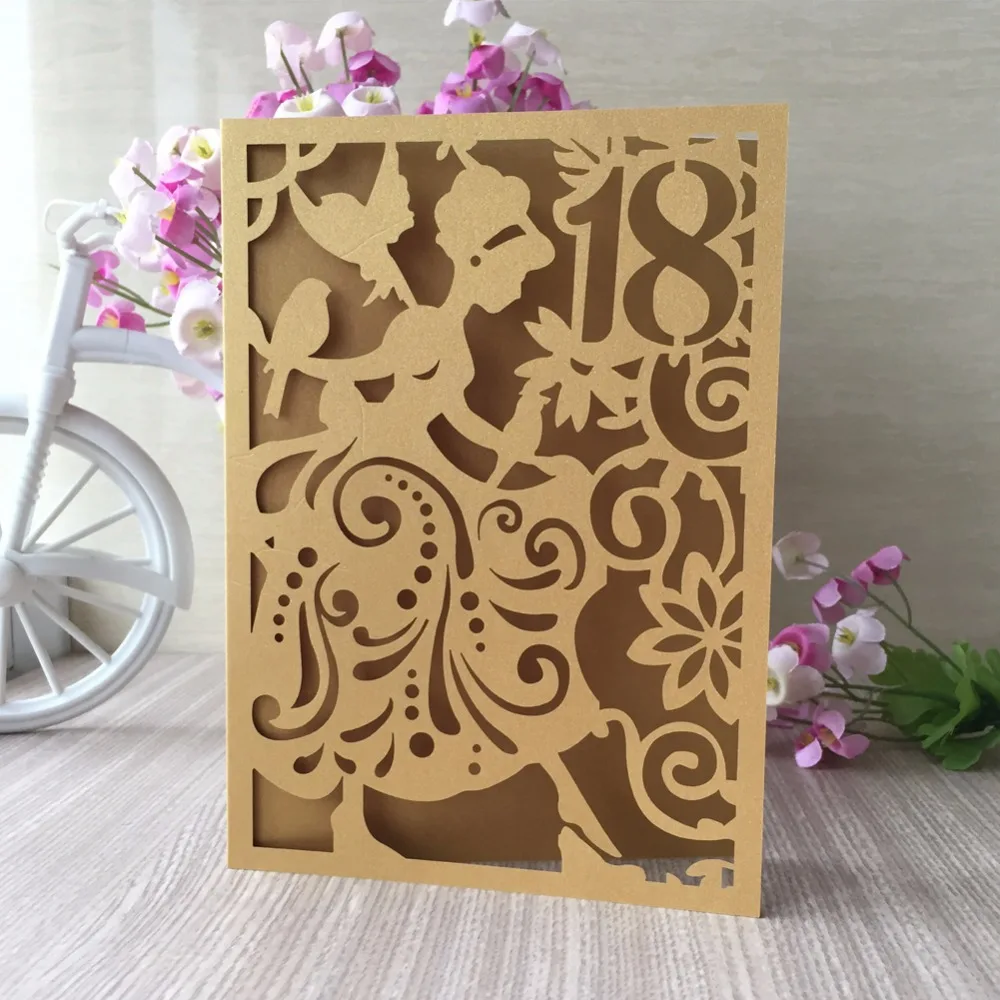 100pcs/lot Hollow Laser Cut Pearl Paper The Princess Style Custom Made Number Wedding Invitation Card Girls➭ult Ceremony | Дом и сад