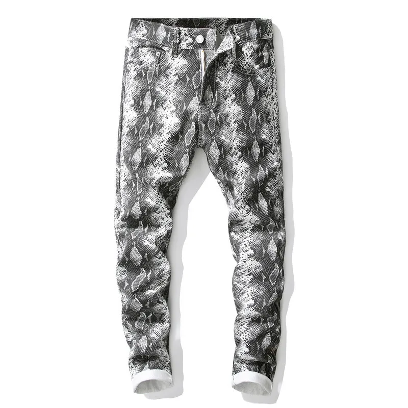 

Mcikkny New Men's Snake Skin Denim Trousers Slim Fit Straight Jeans Pants For Male Streetwear Nightclub Size 29-38