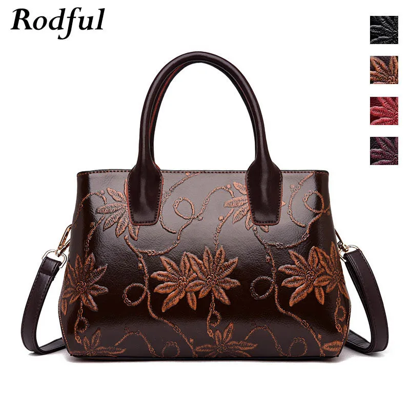 

Rodful Flower embossed leather hand bag women vintage luxury tote handbags ladies fashion large top-handle bags for women 2019