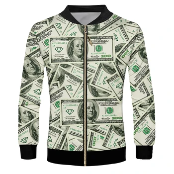 

Fall Winter Mens Baseball Jackets Coats Retro 3d US dollar Money Print Front Zipper College Uniform Windbreaker Jackets Custom