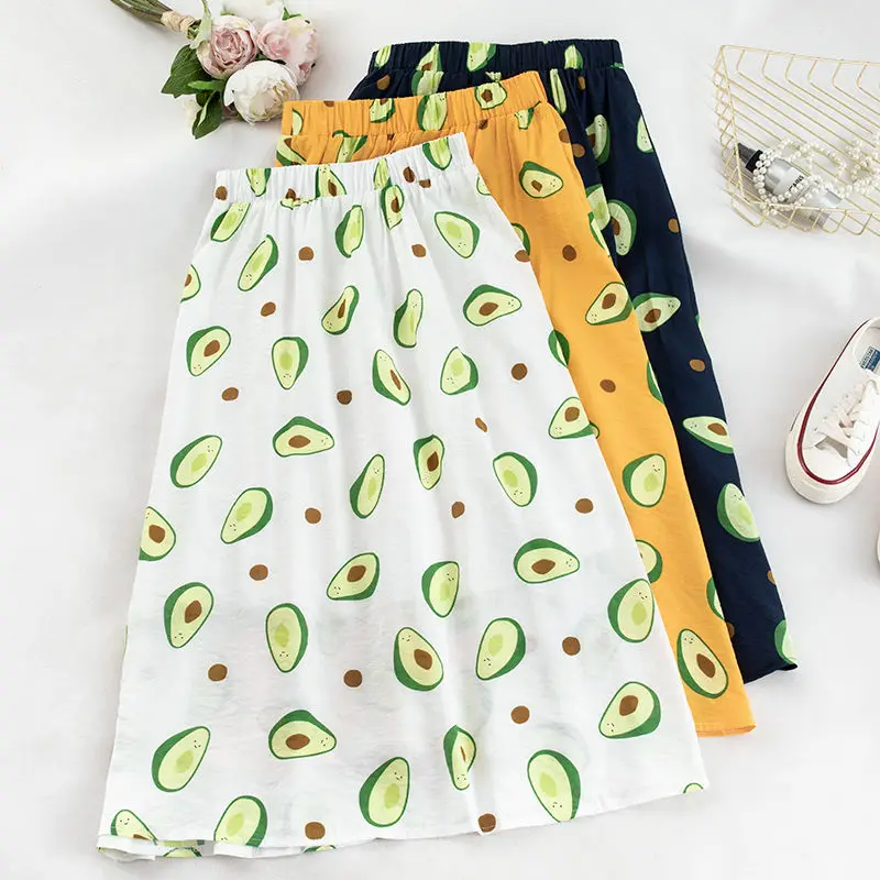 

New summer Long Skirt Boho Korean version avocado printed high waist small fresh loose skirt A-line elastic waist Pleated Skirt